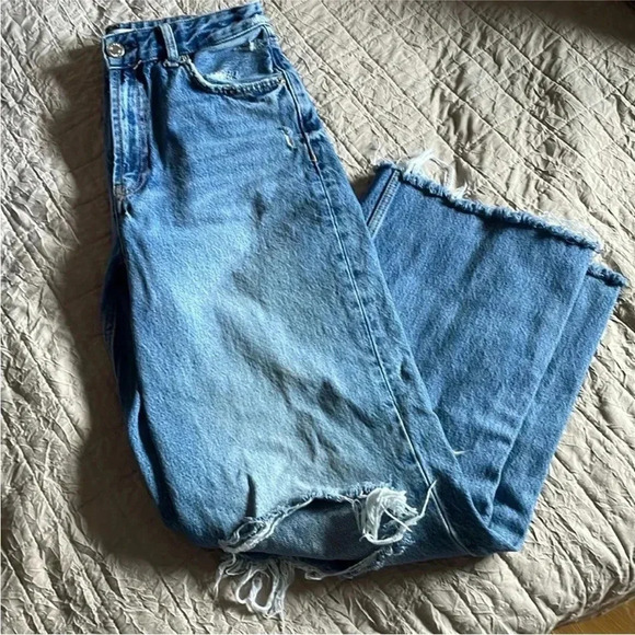 Denim - Zara distressed wide leg jeans